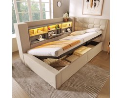 Gestoffeerd Bed Met Opbergruimte - 140x190 cm - Linnen - Beige - Met LED-Verlichting