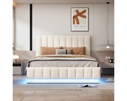 Gestoffeerd bed met opbergruimte en hydraulische hendel - Bed met opbergruimte en led-verlichting en hoofdbord - Metalen lattenbodem - 140x200cm - Wit(Matras niet inbegrepen)