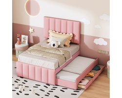 Gestoffeerd bed met uitschuifbaar rolbed en 3 lades - 90x200 cm - Roze - Ademend linnen - Verstelbaar hoofdeinde - Max. 150 kg - Geschikt voor kind, tiener en logé