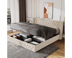 Gestoffeerd bed oorvorm Dubbele rij klinknagels flanel, knoopsnaden hoofd- en voeteneinde, tweepersoonsbed 160*200 Hydraulisch functioneel bed Bedbodem is bekleed met vuilafstotend zwart vlies, beige