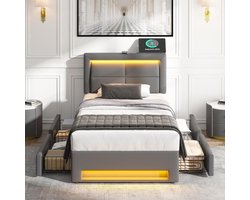 Gestoffeerd Bed - Opbergbed Eenpersoons - Slaapkamer Organiseren - Met LED en USB - 90x200 cm - Grijs