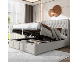 Gestoffeerd Bed - Opbergbed met Opbergruimte - Bezaaide Decoratie - 140 x 200 cm - Zonder Matras - Katoen-Linnen - Grijs