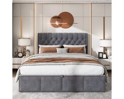 Gestoffeerd Bed - Opbergbed met Opbergruimte - Bezaaide Decoratie - 160 x 200 cm - Zonder Matras - Fluweel - Grijs