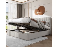 Gestoffeerd Bed - Opbergbed met Opbergruimte - Bezaaide Decoratie - 160 x 200 cm - Zonder Matras - Katoen-Linnen - Grijs