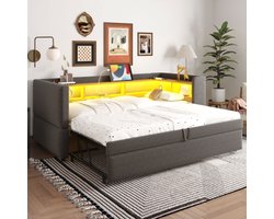 Gestoffeerd bed pull -out sofa bed 90/180*190 cm, uitgerust met LED -lichten, stopcontacten en vele opslagcompartimenten, gestoffeerd bed, multifunctionele slaapbank, eenpersoonsbed, donkergrijs.