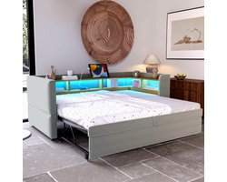 Gestoffeerd bed pull -uit -out sofa bed 90/180*190 cm, uitgerust met LED -lichten, stopcontacten en vele opslagcompartimenten, gestoffeerd bed, multifunctionele slaapbank, eenpersoonsbed, lichtgrijs.