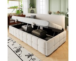 Gestoffeerd bed Slaapbank 90*200 cm, met hydraulische opbergruimte, rugleuning zonder armleuningen, met opvallend, klassiek ruitpatroon aan de onderrand. Multifunctioneel eenpersoonsbed, fluweelstof beige