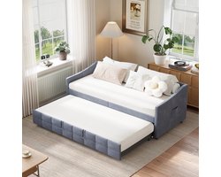 Gestoffeerd bed, slaapbank 90x200cm, dagbed, eenpersoonsbed, logeerbed, kinderbed met lattenbodem, gemaakt van hout, fluweel, zonder matras, grijs