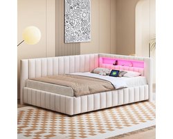 Gestoffeerd Bed - Slaapbank Fluweel - Comfortabel Slapen - Met LED en USB - 140x200 cm - Beige