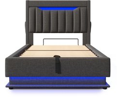 Gestoffeerd Bed, Slaapbank, Jongerenbed, Kinderbed, Eenpersoonsbed – Hoofdbord met Opbergruimte, Voorzien van USB- en Type-C-poorten, Hydraulische Opslagfunctie – Grijs, 90 x 200 cm, Matras Niet Inbegrepen
