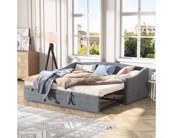 gestoffeerd bed slaapbank, moderne bedden 90/180x200 cm, uitschuifbare en opvouwbare slaapbank, uitschuifbare bank, gestoffeerd eenpersoonsbed, slaapbank met uitschuifbaar bed, grijs, fluweel, zonder matras(Verdeeld voor 2 pakketten voor verzending)