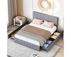 Gestoffeerd bed tweepersoons 160x200 cm - tienerbed met verstelbaar hoofdeinde, Opbergbed met lattenbodem en 4 laden, zonder matras, grijs linnen