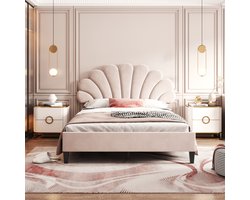 Gestoffeerd bed tweepersoonsbed 140 x 200 cm, bedframe met bloemvormig hoofdeinde en lattenbodem, volwassen jeugdbed in huidvriendelijke fluweelstof