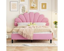 Gestoffeerd bed tweepersoonsbed 140 x 200 cm, bedframe met bloemvormig hoofdeinde en lattenbodem, volwassen jeugdbed in huidvriendelijke fluweelstof