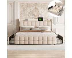 Gestoffeerd bed tweepersoonsbed 140x190 cm met LED-hoofdbord en USB-aansluiting, jeugdbed met lattenbodem en 4 laden opbergruimte, opbergbed, bedombouw, zonder matras, linnen beige