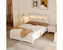 Gestoffeerd bed tweepersoonsbed 140x200 cm, hoofdeinde aan beide zijden met opbergvak + oplaadpoort + LED-licht, twee lades aan het voeteneinde, beige fluweel