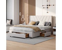 Gestoffeerd bed - tweepersoonsbed 140x200 cm - met 3 houten laden - opbergbed, volwassenbed, jeugdbed - opbergbedframe met metalen frame, linnen, beige, zonder matras (verzonden in 2 pakketten)