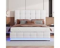 Gestoffeerd bed tweepersoonsbed 140x200 cm met LED-verlichting, hydraulisch opbergbed, jeugdbed bedframe met lattenbodem, kunstleer, zonder matras, wit ruitvormig