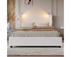 Gestoffeerd bed tweepersoonsbed 140x200 cm met leeslampje, opbergbed met hoofdeinde en lattenbodem, jeugdbed bedombouw, bed voor volwassenen, zonder matras, fluweelstof beige