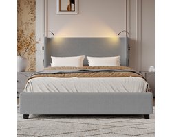 Gestoffeerd bed tweepersoonsbed 140x200 cm met leeslampje, opbergbed met hoofdeinde en lattenbodem, jeugdbed bedombouw, bed voor volwassenen, zonder matras, fluweelstof grijs