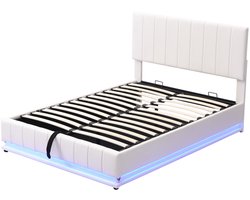Gestoffeerd bed Tweepersoonsbed 140x200cm Zonder matras Met kleurveranderende LED-verlichting en hydraulische opbergruimte Klassiek stijlvol ontwerp met verticale strepen In hoogte verstelbaar hoofdbord Beige