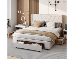 Gestoffeerd bed - tweepersoonsbed 160x200 cm - met 3 houten laden - opbergbed/volwassenebed/jongerenbed - opbergbedframe met metalen frame, linnen, beige, zonder matras (verzonden in 2 pakketten)