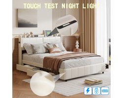 Gestoffeerd bed, tweepersoonsbed 160x200cm, functioneel bed met 4 lades en LED-verlichting en 2 USB-laadstations, houten leienframe, LED-bed, platformbed, PU-leer, wit, zonder matras