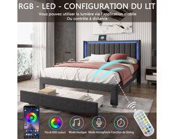Gestoffeerd bed - Tweepersoonsbed 180x200 cm - Met 1 lades en opbergruimte - LED-verlichting - USB- en Type-C-poorten - Volwassenbed/Slaapkamerbed - Linnen - Grijs (Wordt in 2 pakketten verzonden)