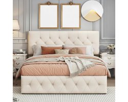 Gestoffeerd Bed - Tweepersoonsbed Boxspring - Opbergen en Slapen - Hydraulisch Liftsysteem - 160x200 cm - Beige