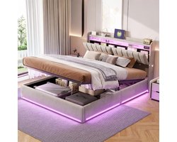 Gestoffeerd Bed - Tweepersoonsbed Boxspring - Opbergen & Laden - Ingebouwde USB Poort - 160x200 cm - Grijs-Beige