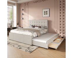 Gestoffeerd bed, tweepersoonsbed, familiebed, huwelijksbed met drie laden, uitschuifbaar bed, verstelbaar hoofdeinde, beige, 140x200cm