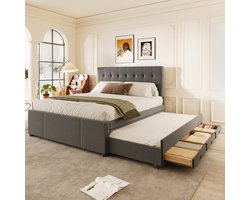 Gestoffeerd bed, tweepersoonsbed, familiebed, tweepersoonsbed met drie laden, uitschuifbaar bed, verstelbaar hoofdeinde, grijs, 140x200cm