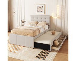 Gestoffeerd bed, tweepersoonsbed, familiebed, tweepersoonsbed met drie lades, uitschuifbaar bed, verstelbaar hoofdeinde, beige, 90x200cm (90x190cm)