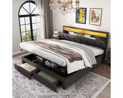 Gestoffeerd Bed - Tweepersoonsbed Frame - Slaapkamer Inrichten - Met Ledverlichting - 160x200 cm - Grijs Linnen