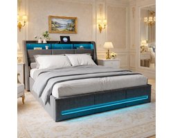 Gestoffeerd Bed - Tweepersoonsbed Linnen - Opbergen en Opladen - Met Ledverlichting - 140 x 190 cm - Grijs