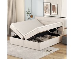 Gestoffeerd bed, tweepersoonsbed met lattenbodem van metalen frame, grote opbergruimte, aan beide zijden te openen, beige, 200x140cm