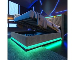 Gestoffeerd bed - tweepersoonsbed met LED-licht - afstandsbediening - 140x200 cm met opbergruimte met USB Type-C opladen - grijs - zonder matras