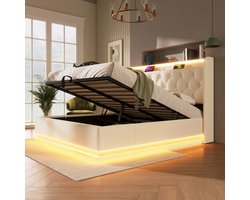 Gestoffeerd bed - tweepersoonsbed met LED-licht - afstandsbediening - 140x200 cm met opbergruimte met USB Type-C opladen - wit - zonder matras