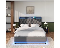 Gestoffeerd bed - tweepersoonsbed met LED-licht - afstandsbediening - 160x200 cm met opbergruimte met USB Type-C opladen - grijs - zonder matras