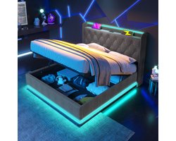 Gestoffeerd bed - tweepersoonsbed met LED-licht - afstandsbediening - 180x200 cm met opbergruimte met USB Type-C opladen - grijs - zonder matras