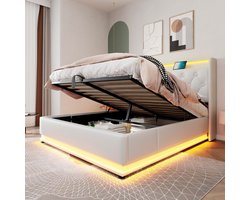 Gestoffeerd bed - tweepersoonsbed met LED-verlichting - afstandsbediening - 160x200 cm met opbergruimte met USB Type-C opladen - wit - zonder matras