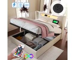 Gestoffeerd bed, tweepersoonsbed met opbergruimte, gestoffeerd bed met LED-verlichting, USB-oplaadfunctie en opbergbedframe, linnen, zonder matras, beige, 140 x 200 cm