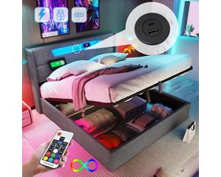 Gestoffeerd bed, tweepersoonsbed met opbergruimte, gestoffeerd bed met LED-verlichting, USB-oplaadfunctie en opbergbedframe, linnen, zonder matras, grijs, 140 x 200 cm