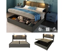 Gestoffeerd bed tweepersoonsbed opbergruimte bedkast leeslamp met oplaadfunctie hoofdbord, opbergruimte bedden bedframe PU jeugdbed 160x200 met lattenbodem (zonder matras)