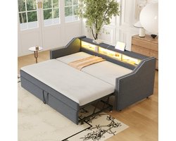 Gestoffeerd bed, uitschuifbare slaapbank 90/180 x 190 cm, multifunctioneel opbergvak, led-verlichting en USB-aansluiting, met lattenbodem, donkergrijs(Zonder matras)