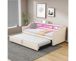 Gestoffeerd bed Uitschuifbare slaapbank 90/180 x 200 cm, multifunctioneel opbergvak, led-verlichting en USB-aansluiting, met lattenbodem, beige