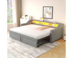 Gestoffeerd bed Uitschuifbare slaapbank 90/180 x 200 cm, multifunctioneel opbergvak, led-verlichting en USB-aansluiting, met lattenbodem, grijs
