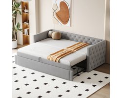 Gestoffeerd bed Uitschuifbare slaapbank, 90*200 cm, klassieke vorm met knopen, met lattenbodem, multifunctioneel bed-logeerbed, huidvriendelijke fluwelen stof, lichtgrijs (matras niet inbegrepen)