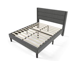 Gestoffeerd bed van 140 x 200 cm, bedframe met lattenbodem en hoofdeinde, gestoffeerd tweepersoonsbed, donkergrijze linnen stof, tijdloos modern design, kinderbed (matras inbegrepen).