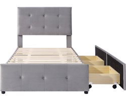 Gestoffeerd bed van 90 x 200 cm met lattenbodem, hoofdbord en twee lades, eenpersoonsbed, in hoogte verstelbaar hoofdbord, zachte fluwelen stof, grijs, vlak, kinderbed, tienerbed, logeerbed (matras niet inbegrepen).